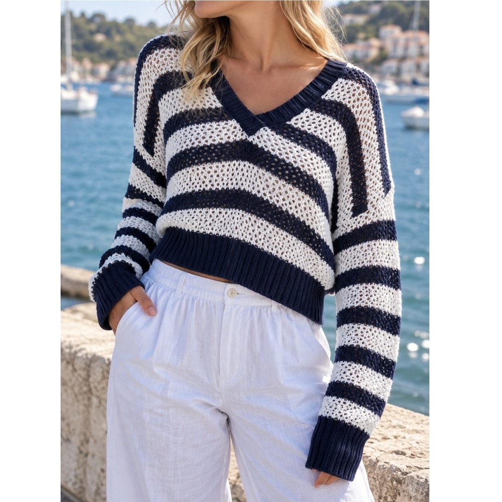 OFFLINE Aerie Sweater Small Striped Cropped Open Knit Oversized Nautical Preppy